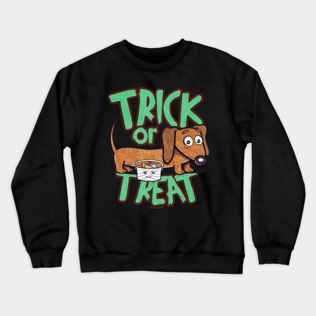 Funny and cute doxie dachshund dog going trick or treating on halloween to get more candy on a scary and spooky night Crewneck Sweatshirt by Danny Gordon Art